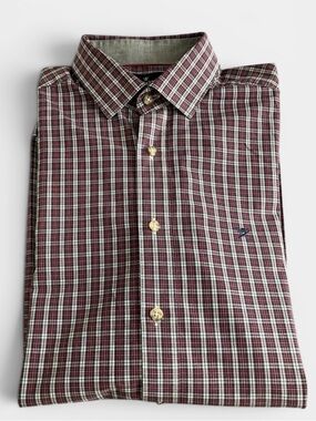 Hackett London Slim Burgundy Gray Check Plaid Ling Sleeve Button Dress Shirt L